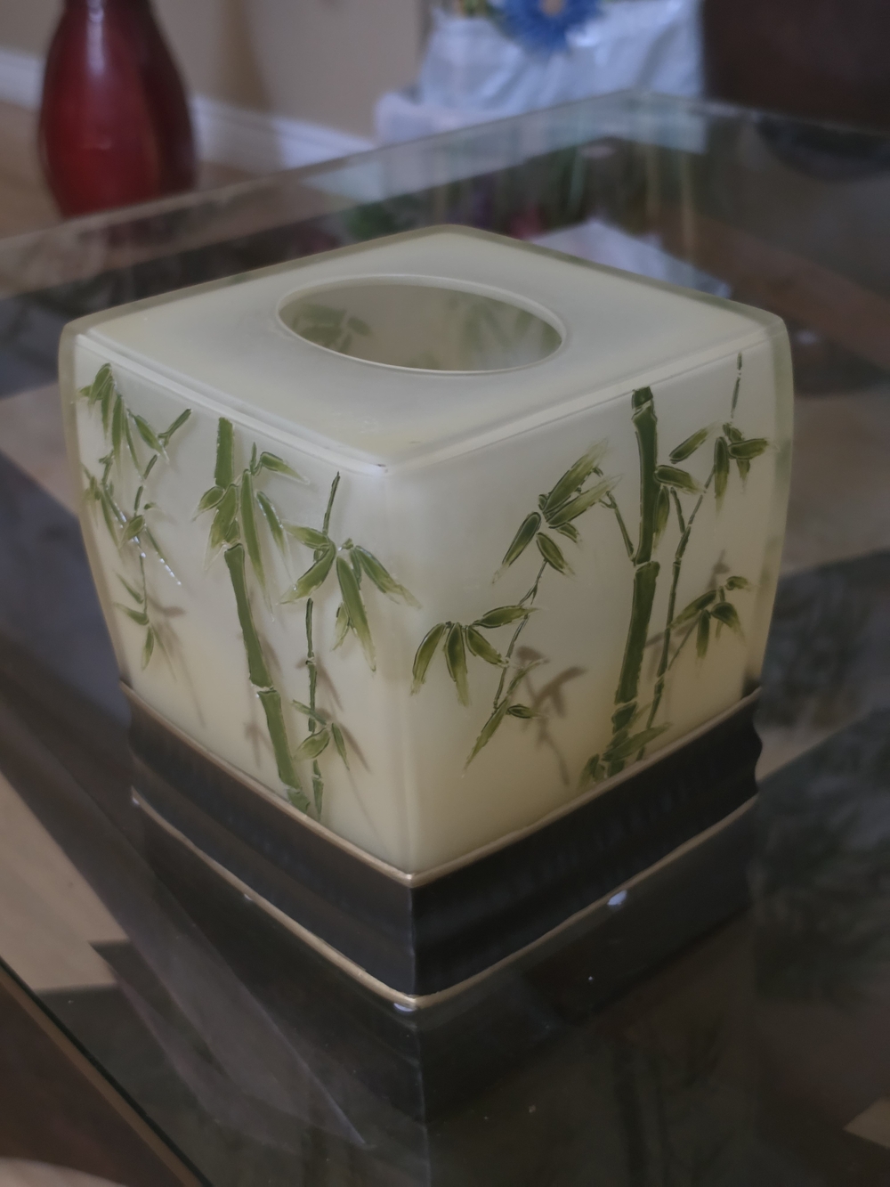 Source Unknown Bamboo Motif Tissue Box Cover in Green and Cream